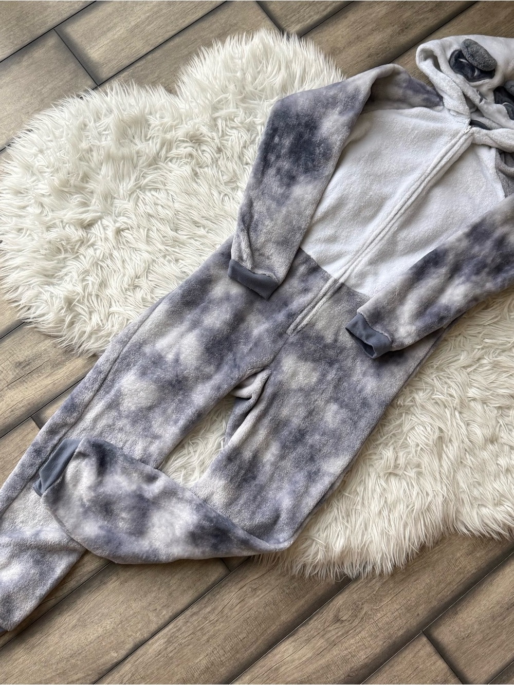 Kids Gray Tie-Dye Plush Panda Onesie Jumpsuit with Hood